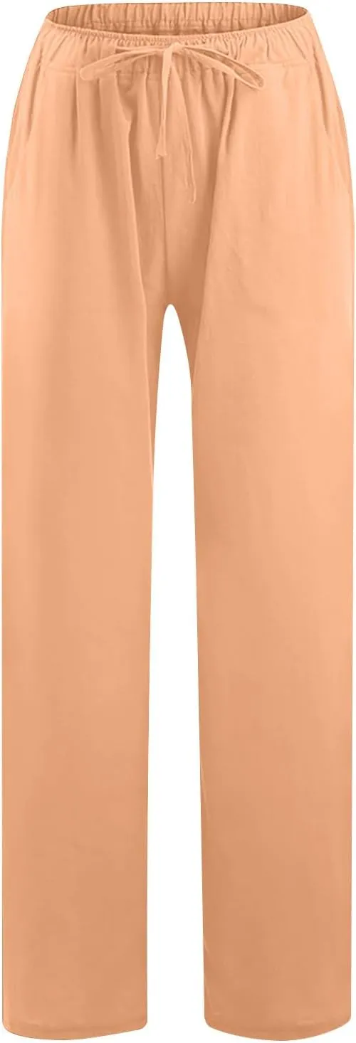Summer Cotton Linen Pants for Women Loose Straight Leg Drawstring Trouser Casual Elastic Waist Long Pant with Pockets