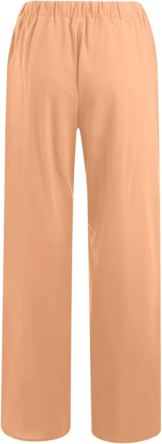 Summer Cotton Linen Pants for Women Loose Straight Leg Drawstring Trouser Casual Elastic Waist Long Pant with Pockets
