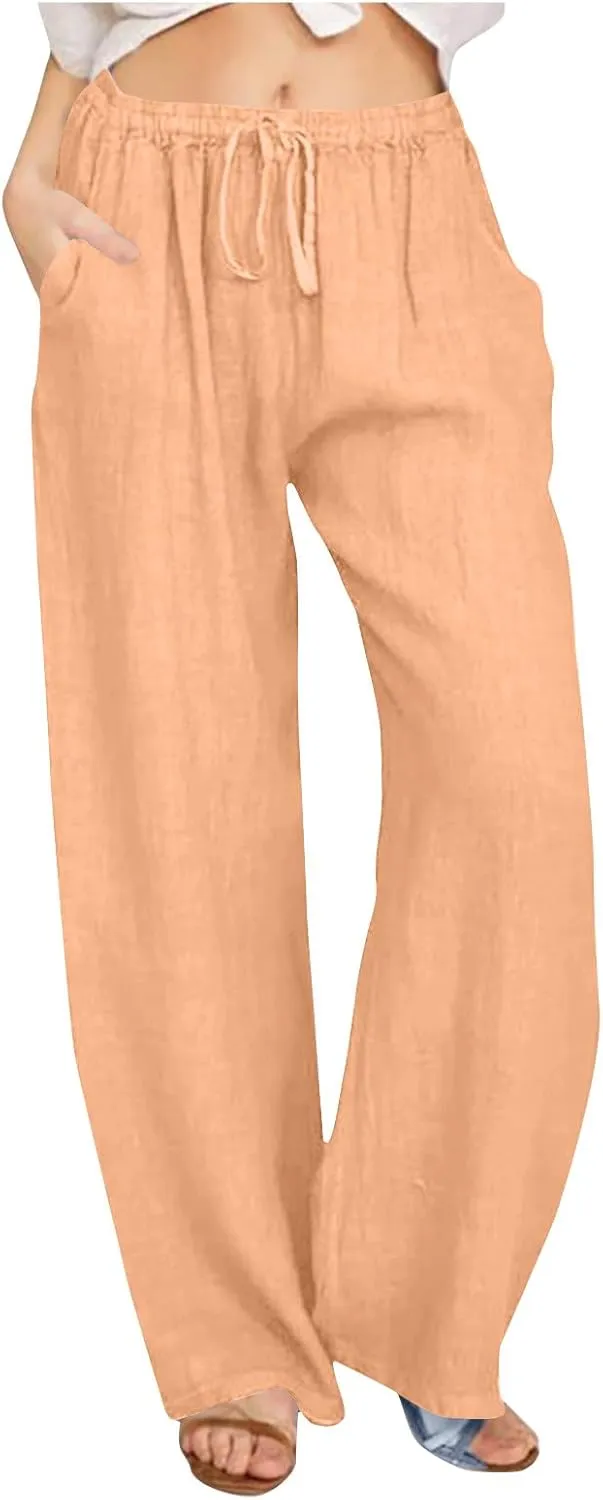 Summer Cotton Linen Pants for Women Loose Straight Leg Drawstring Trouser Casual Elastic Waist Long Pant with Pockets