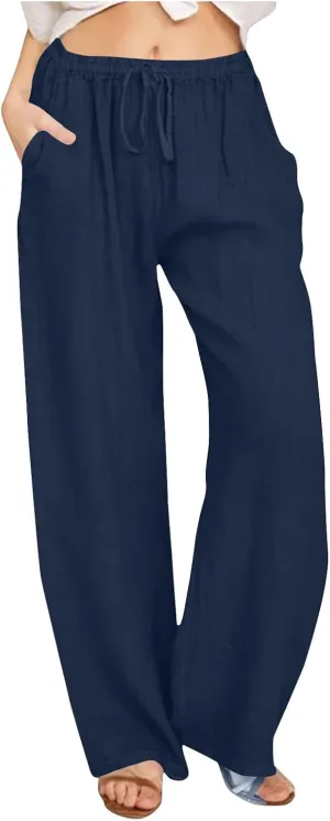 Summer Cotton Linen Pants for Women Loose Straight Leg Drawstring Trouser Casual Elastic Waist Long Pant with Pockets