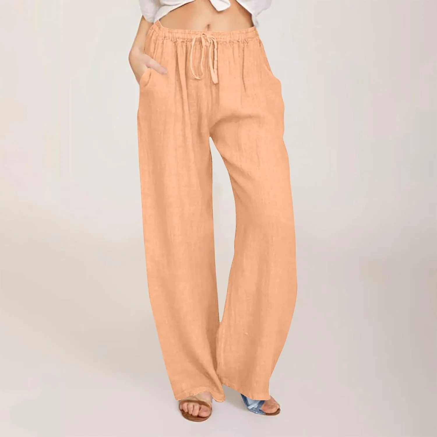Summer Cotton Linen Pants for Women Loose Straight Leg Drawstring Trouser Casual Elastic Waist Long Pant with Pockets