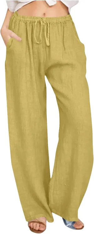 Summer Cotton Linen Pants for Women Loose Straight Leg Drawstring Trouser Casual Elastic Waist Long Pant with Pockets
