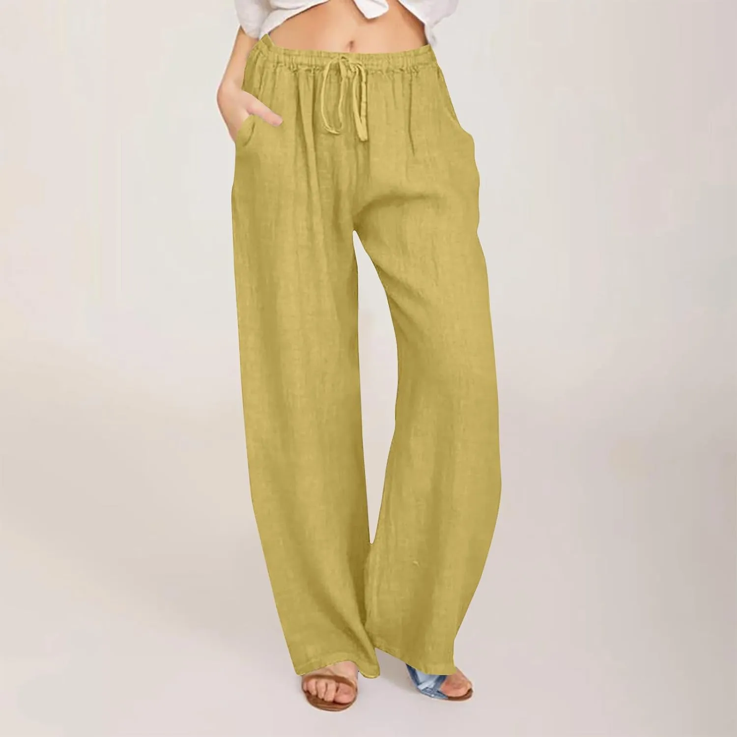 Summer Cotton Linen Pants for Women Loose Straight Leg Drawstring Trouser Casual Elastic Waist Long Pant with Pockets