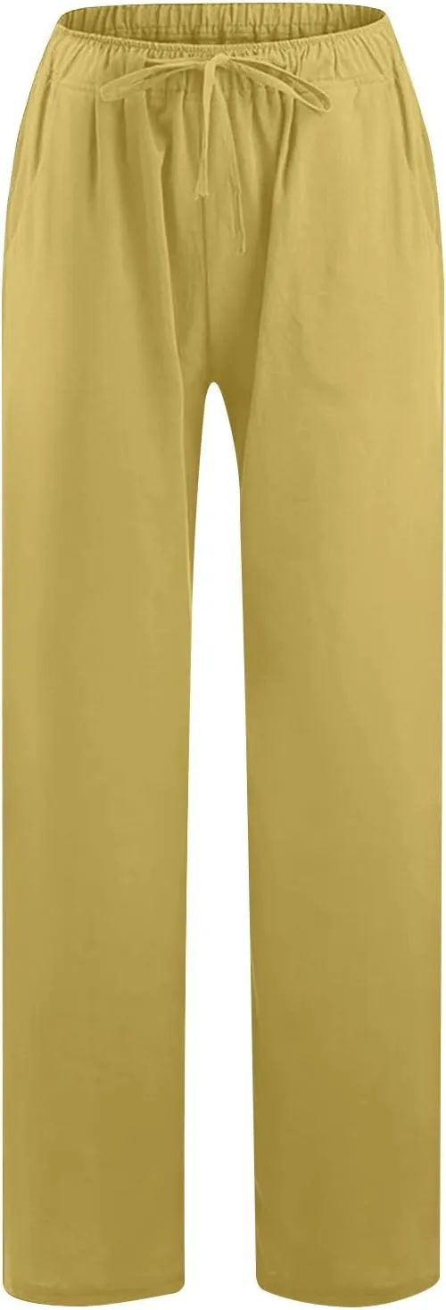 Summer Cotton Linen Pants for Women Loose Straight Leg Drawstring Trouser Casual Elastic Waist Long Pant with Pockets
