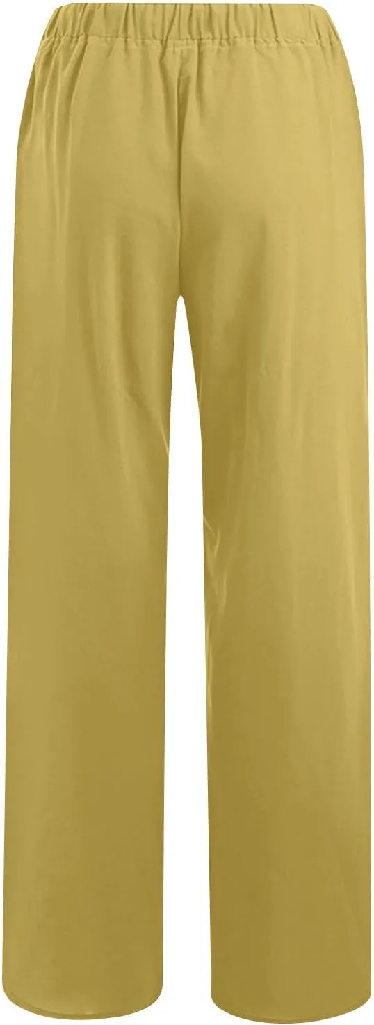 Summer Cotton Linen Pants for Women Loose Straight Leg Drawstring Trouser Casual Elastic Waist Long Pant with Pockets