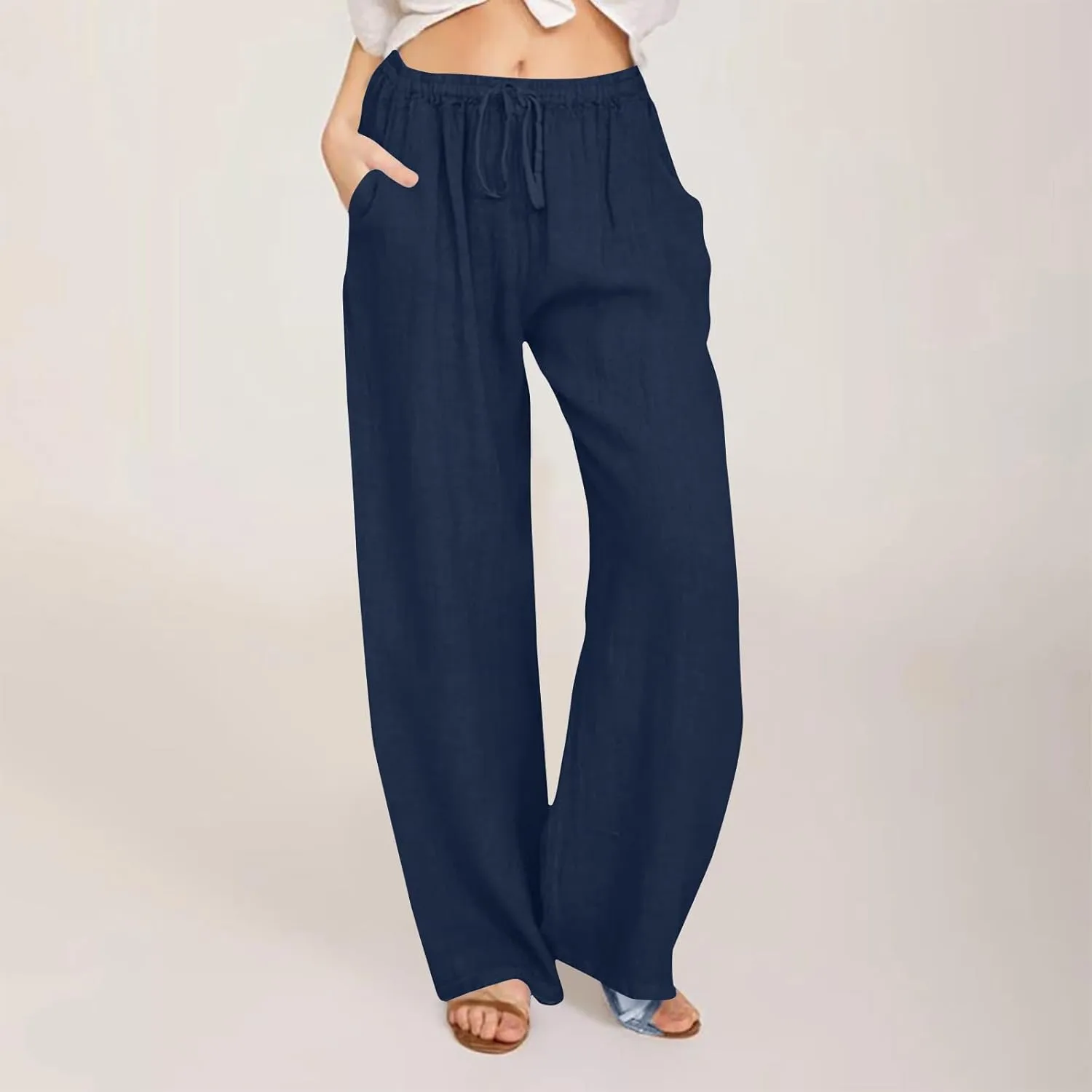Summer Cotton Linen Pants for Women Loose Straight Leg Drawstring Trouser Casual Elastic Waist Long Pant with Pockets