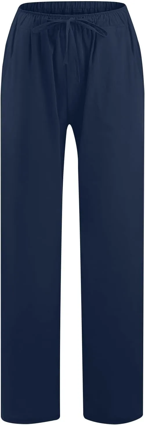 Summer Cotton Linen Pants for Women Loose Straight Leg Drawstring Trouser Casual Elastic Waist Long Pant with Pockets