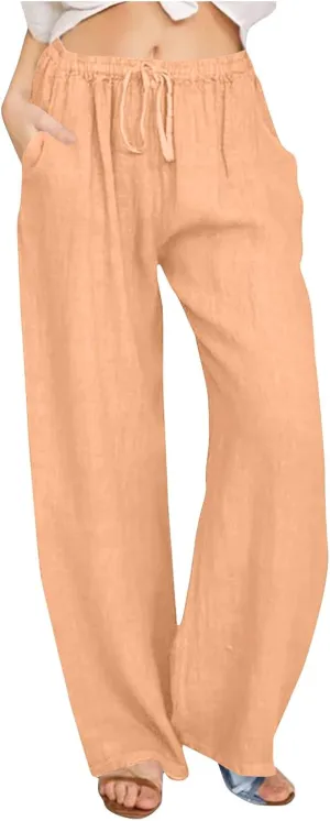 Summer Cotton Linen Pants for Women Loose Straight Leg Drawstring Trouser Casual Elastic Waist Long Pant with Pockets