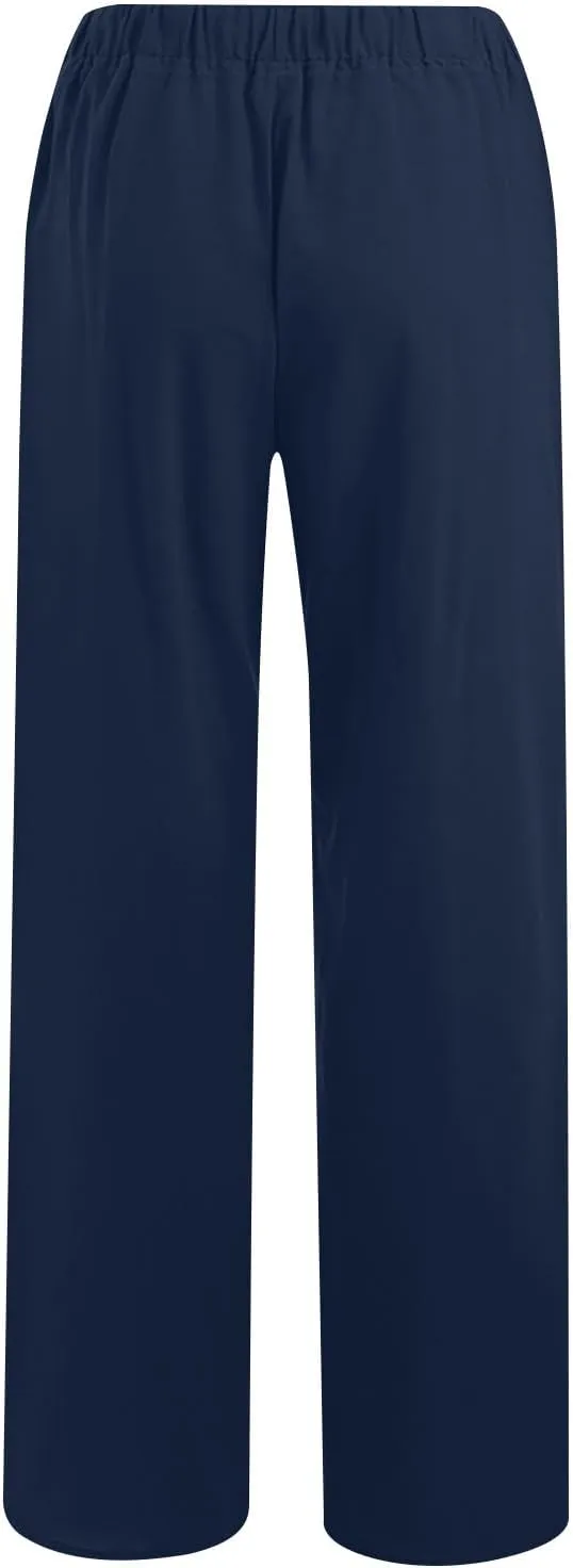 Summer Cotton Linen Pants for Women Loose Straight Leg Drawstring Trouser Casual Elastic Waist Long Pant with Pockets
