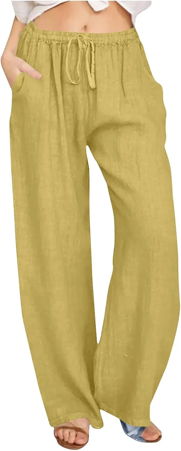 Summer Cotton Linen Pants for Women Loose Straight Leg Drawstring Trouser Casual Elastic Waist Long Pant with Pockets