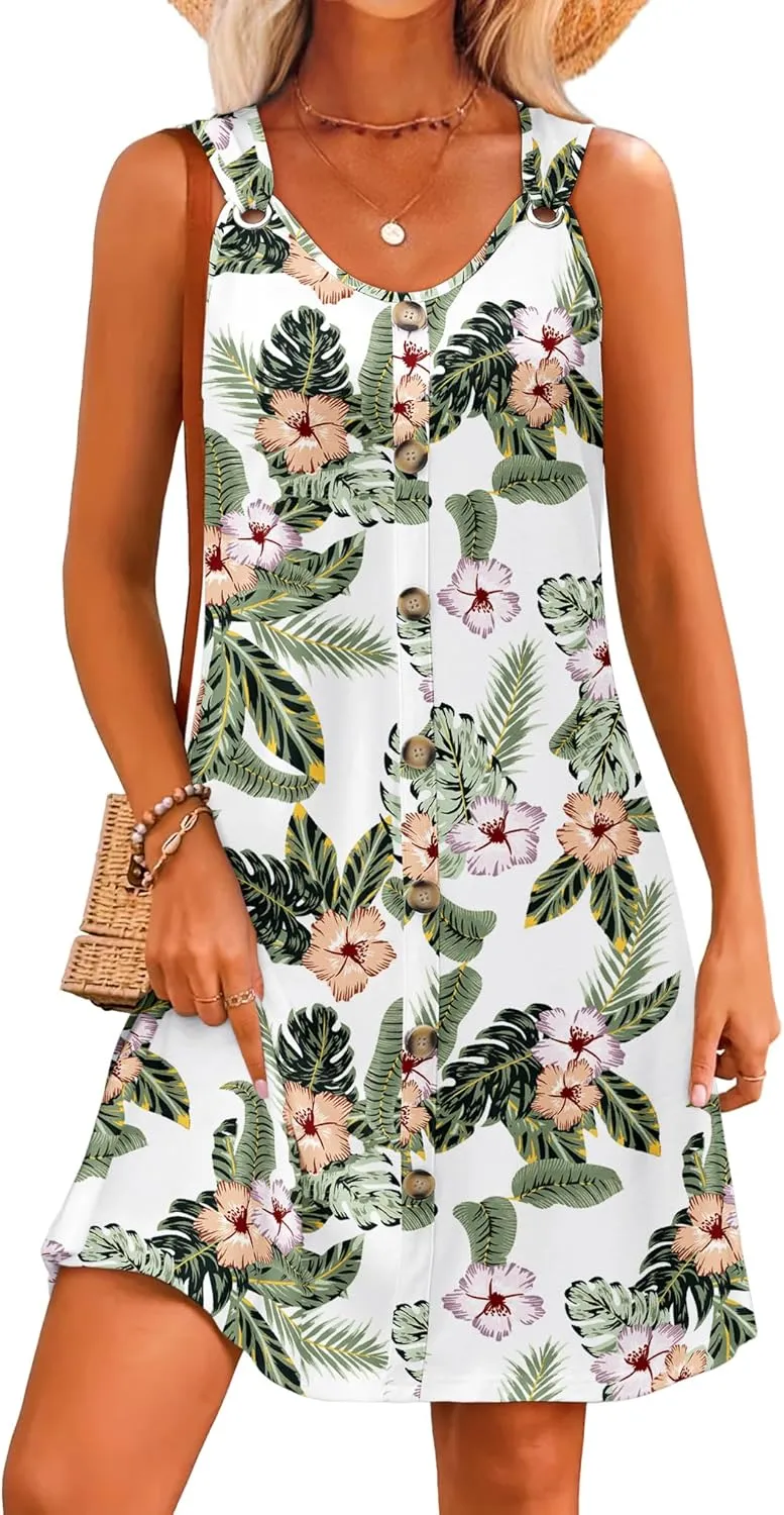 Summer Dresses for Women 2025 Sleeveless Floral Boho Swimsuit Cover Ups Casual Button Beach Vacation Tank Sundresses