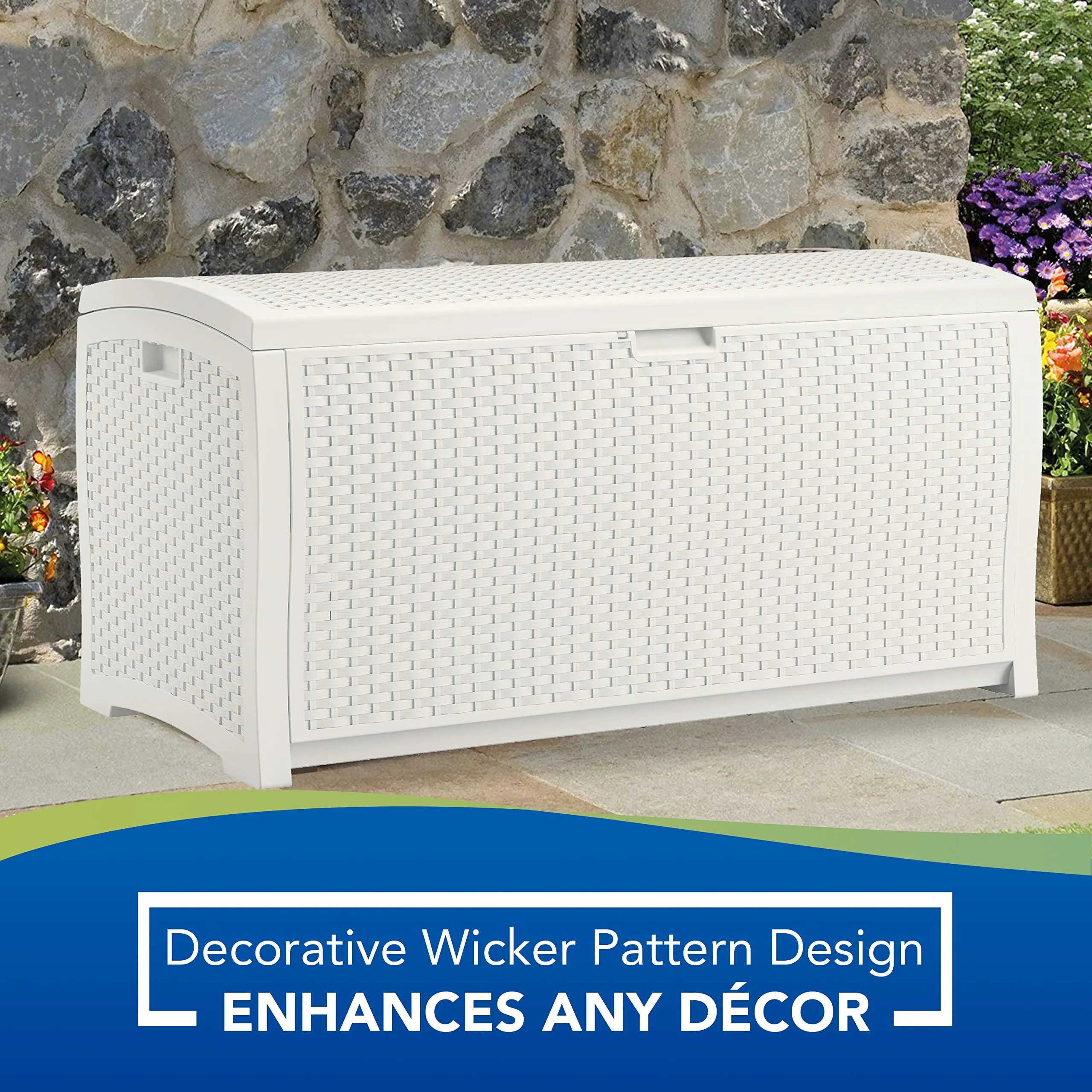 Suncast 99 Gal Resin Wicker Patio Storage Box - Water Resistant Outdoor Storage Container White & 33 Gal Hideaway Trash Can for Patio - Resin Outdoor Trash with Lid