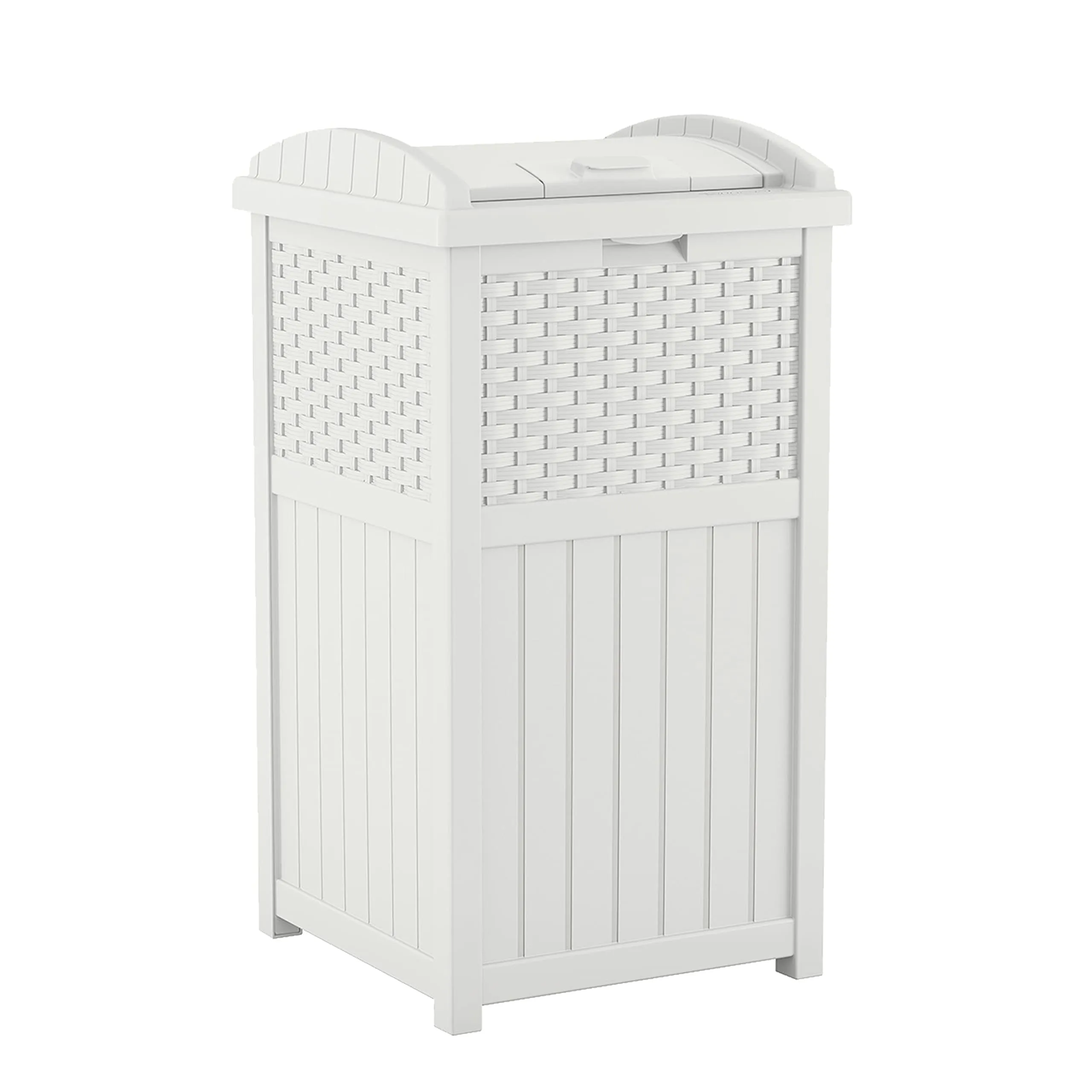 Suncast 99 Gal Resin Wicker Patio Storage Box - Water Resistant Outdoor Storage Container White & 33 Gal Hideaway Trash Can for Patio - Resin Outdoor Trash with Lid