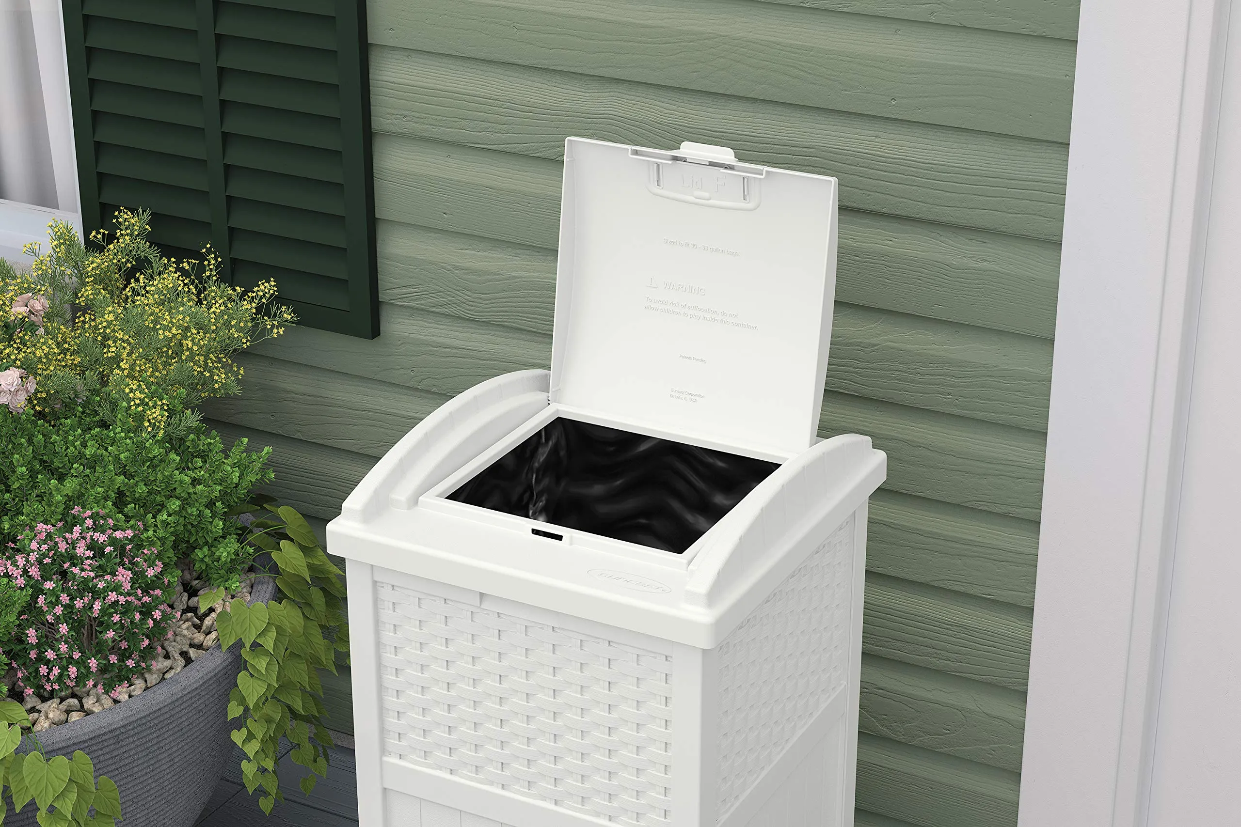 Suncast 99 Gal Resin Wicker Patio Storage Box - Water Resistant Outdoor Storage Container White & 33 Gal Hideaway Trash Can for Patio - Resin Outdoor Trash with Lid