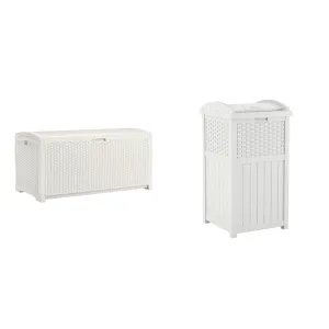 Suncast 99 Gal Resin Wicker Patio Storage Box - Water Resistant Outdoor Storage Container White & 33 Gal Hideaway Trash Can for Patio - Resin Outdoor Trash with Lid