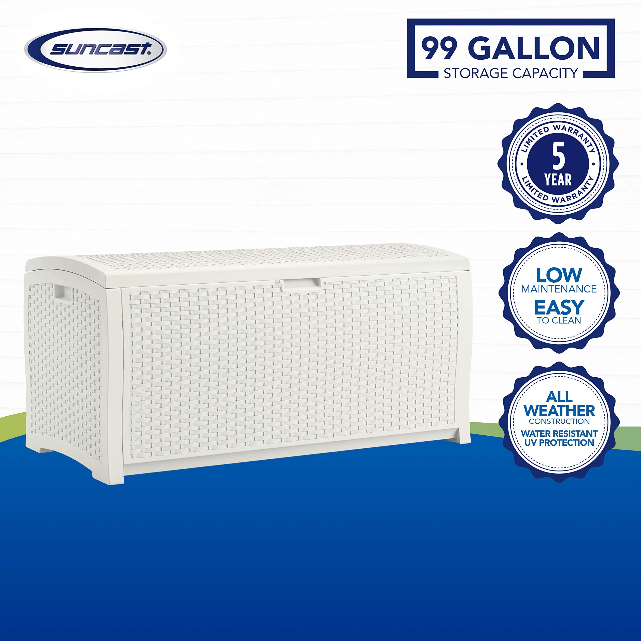 Suncast 99 Gal Resin Wicker Patio Storage Box - Water Resistant Outdoor Storage Container White & 33 Gal Hideaway Trash Can for Patio - Resin Outdoor Trash with Lid