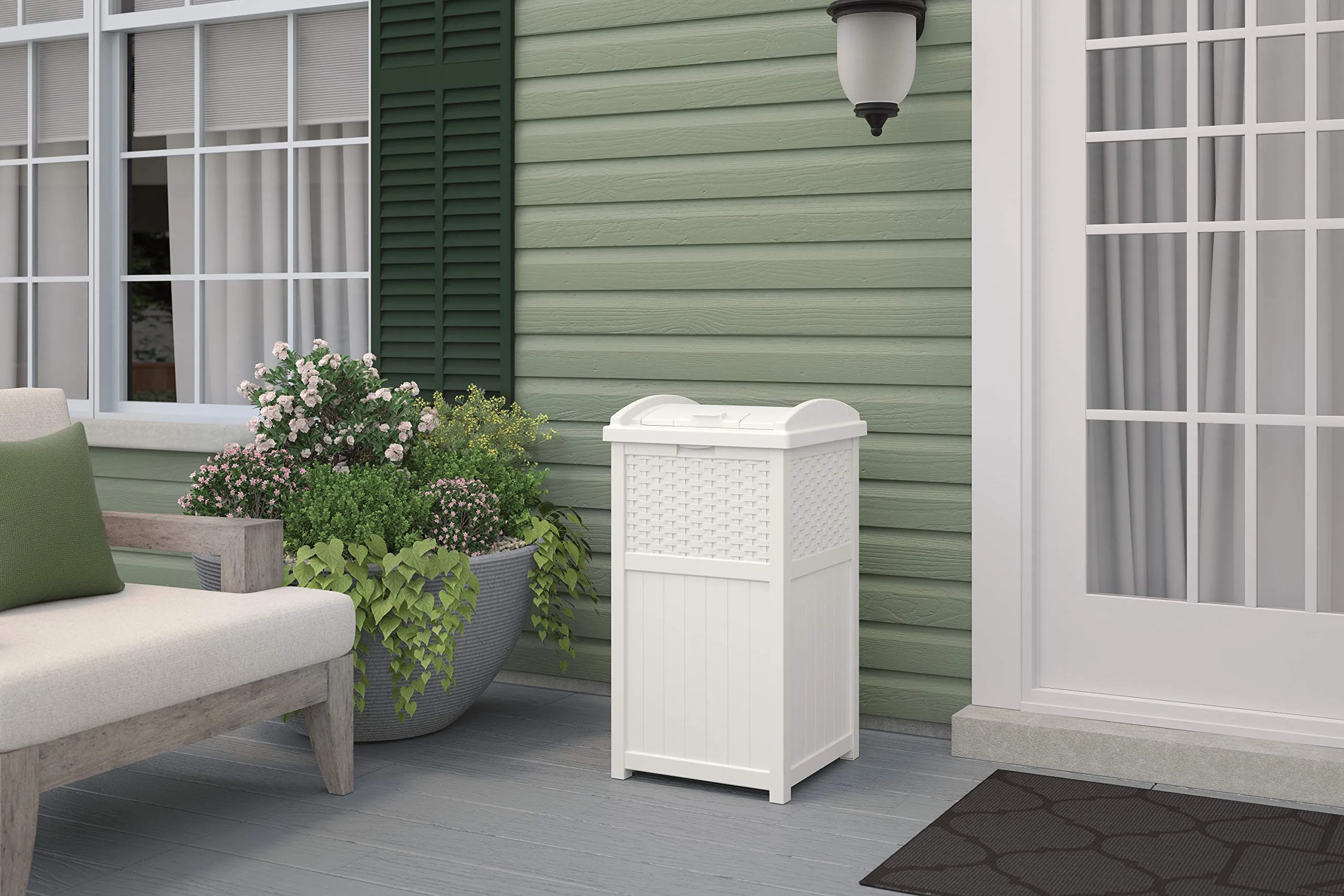 Suncast 99 Gal Resin Wicker Patio Storage Box - Water Resistant Outdoor Storage Container White & 33 Gal Hideaway Trash Can for Patio - Resin Outdoor Trash with Lid