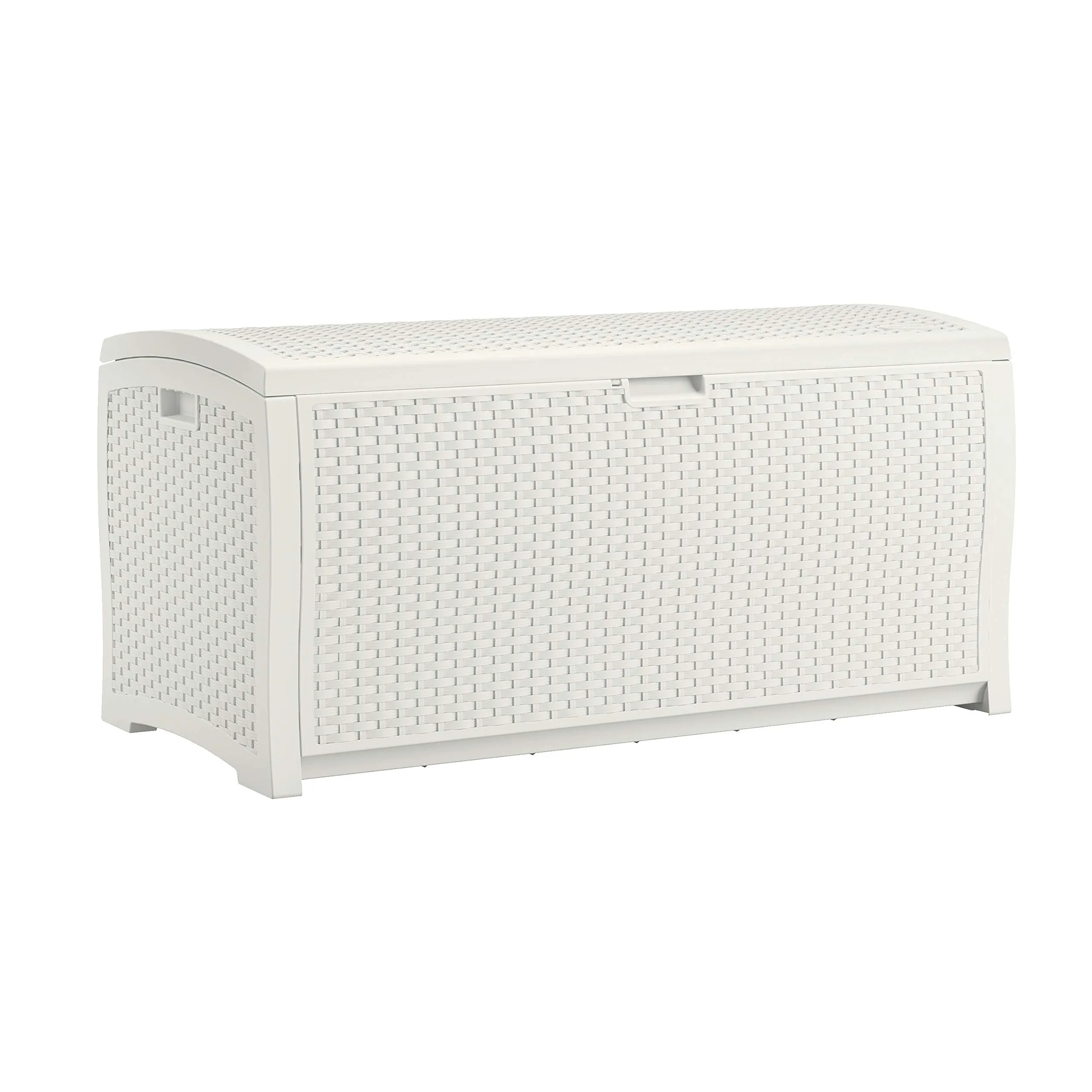 Suncast 99 Gal Resin Wicker Patio Storage Box - Water Resistant Outdoor Storage Container White & 33 Gal Hideaway Trash Can for Patio - Resin Outdoor Trash with Lid