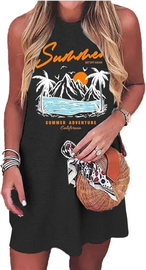 Sundress for Women Summer Beach Graphic Mini Tank Dress Sleeveless Beach Dress Short Mini Sun Dresses