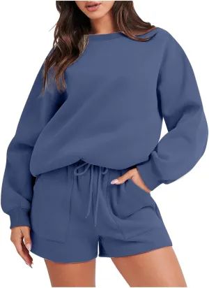 Sweatsuits For Women Set 2 Piece Outfit Long Sleeve Crewneck Sweatshirt With Shorts Matching Lounge Set Tracksuit