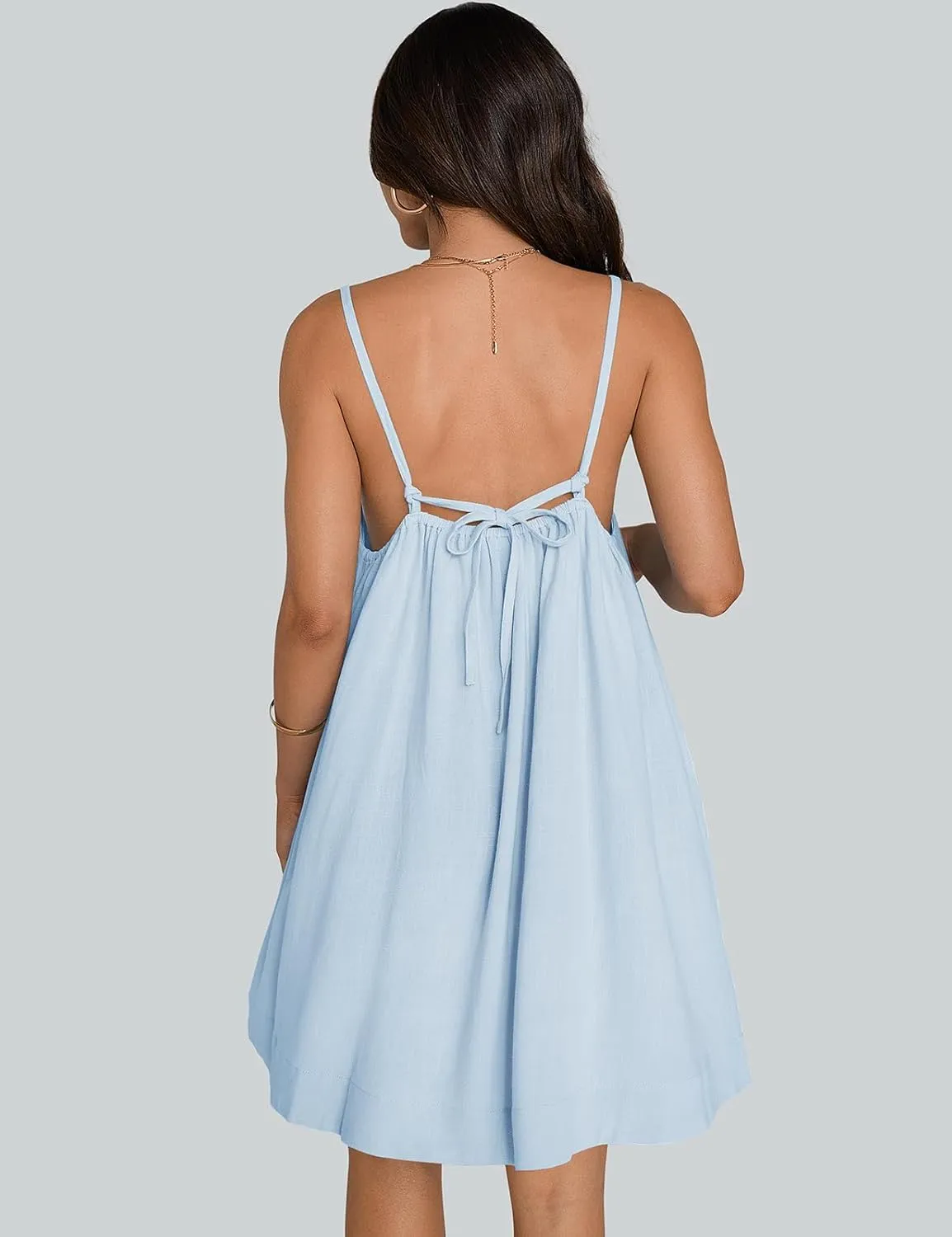 TARSE Womens Linen Mini Dress Summer Sleeveless Backless Loose Short Sundress Casual Flowy Beach Dress with Pockets