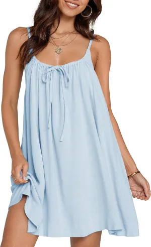 TARSE Womens Linen Mini Dress Summer Sleeveless Backless Loose Short Sundress Casual Flowy Beach Dress with Pockets