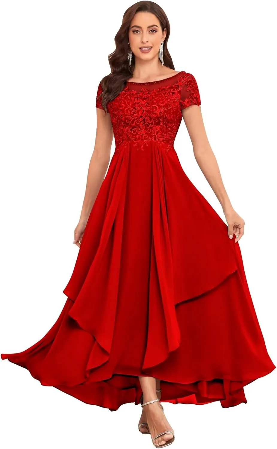 Tea Length Mother of The Bride Dresses for Wedding with Ruffle Lace Short Sleeve Chiffon Formal Evening Gown
