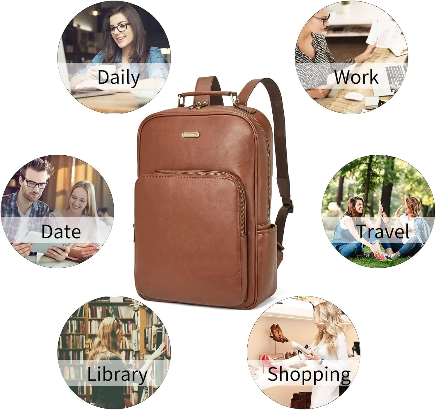 Telena Leather Laptop Backpack for Women College Casual 15.6 inch Work Computer Bag Brown