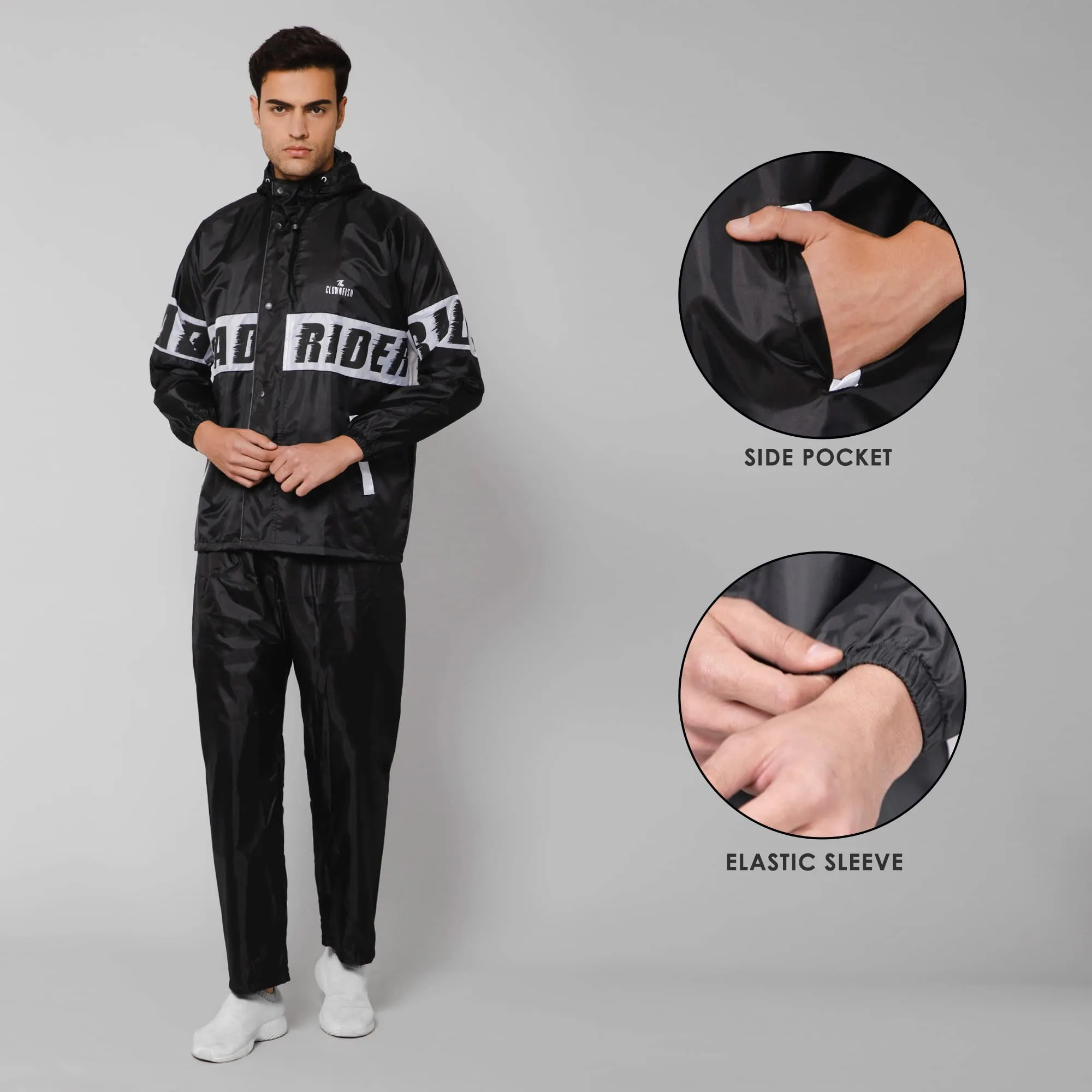 THE CLOWNFISH Road Rider Men's Waterproof Raincoat Polyester Double Coating Reversible Rain Suit with Hood & Inner Mobile Pocket. Set of Top and Bottom. Printed Plastic Pouch (Black, X-Large)