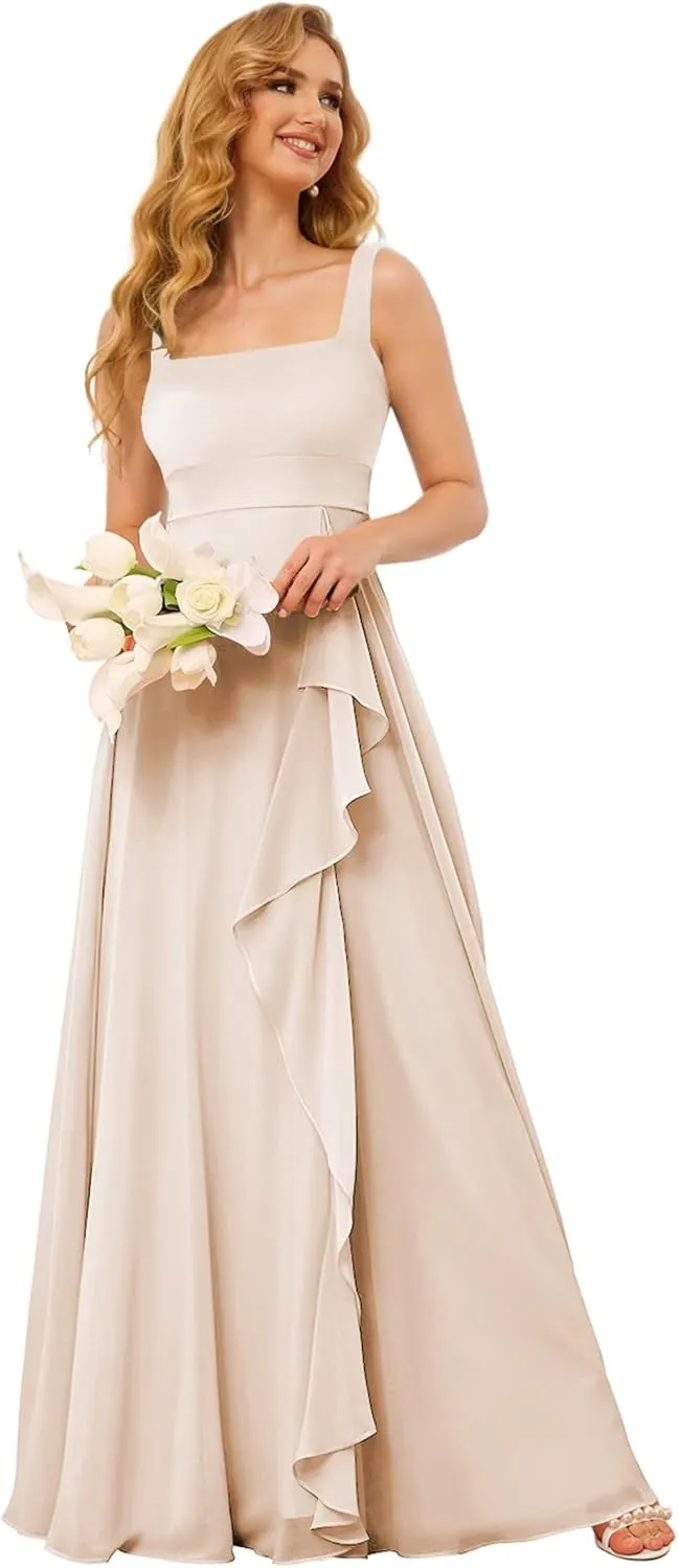 TIRAS Long Bridesmaid Dresses Ruffle Square Neck Empire Waist Chiffon Bridesmaid Dress with Slit