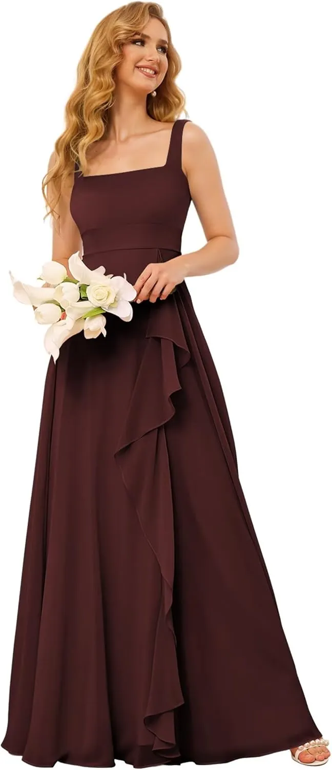 TIRAS Long Bridesmaid Dresses Ruffle Square Neck Empire Waist Chiffon Bridesmaid Dress with Slit