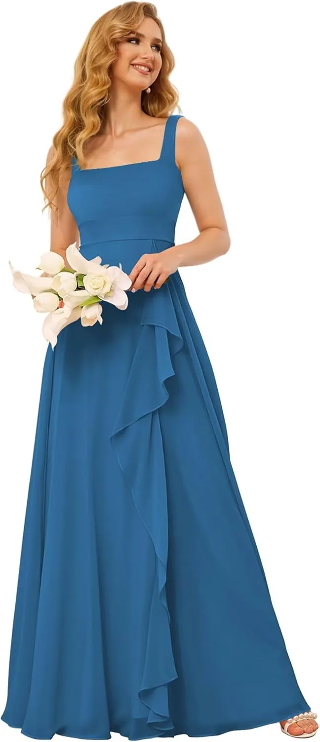 TIRAS Long Bridesmaid Dresses Ruffle Square Neck Empire Waist Chiffon Bridesmaid Dress with Slit