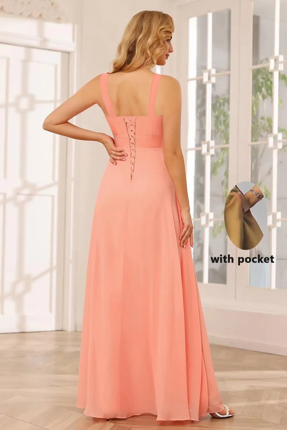 TIRAS Long Bridesmaid Dresses Ruffle Square Neck Empire Waist Chiffon Bridesmaid Dress with Slit