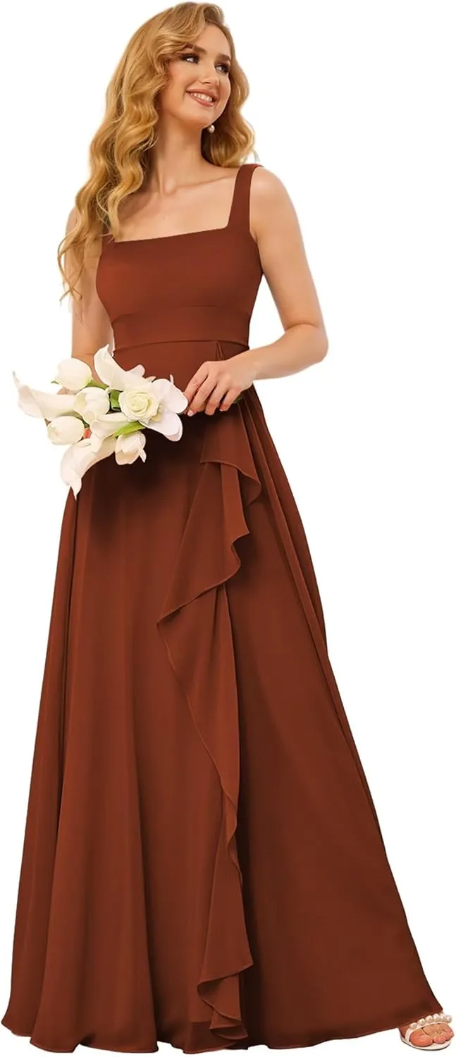 TIRAS Long Bridesmaid Dresses Ruffle Square Neck Empire Waist Chiffon Bridesmaid Dress with Slit