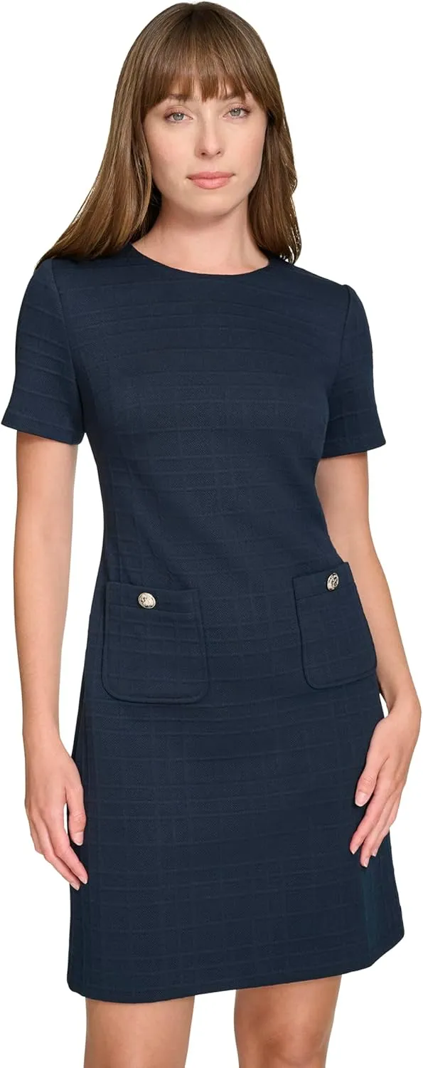 Tommy Hilfiger Women's Short Sleeve High Neck Novelty Button Sheath Mini Dress