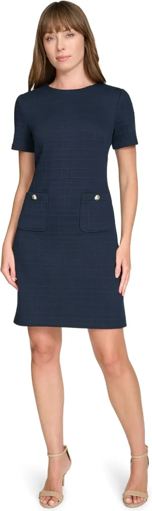 Tommy Hilfiger Women's Short Sleeve High Neck Novelty Button Sheath Mini Dress
