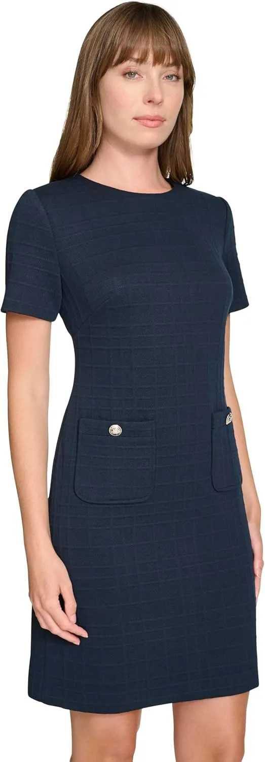 Tommy Hilfiger Women's Short Sleeve High Neck Novelty Button Sheath Mini Dress