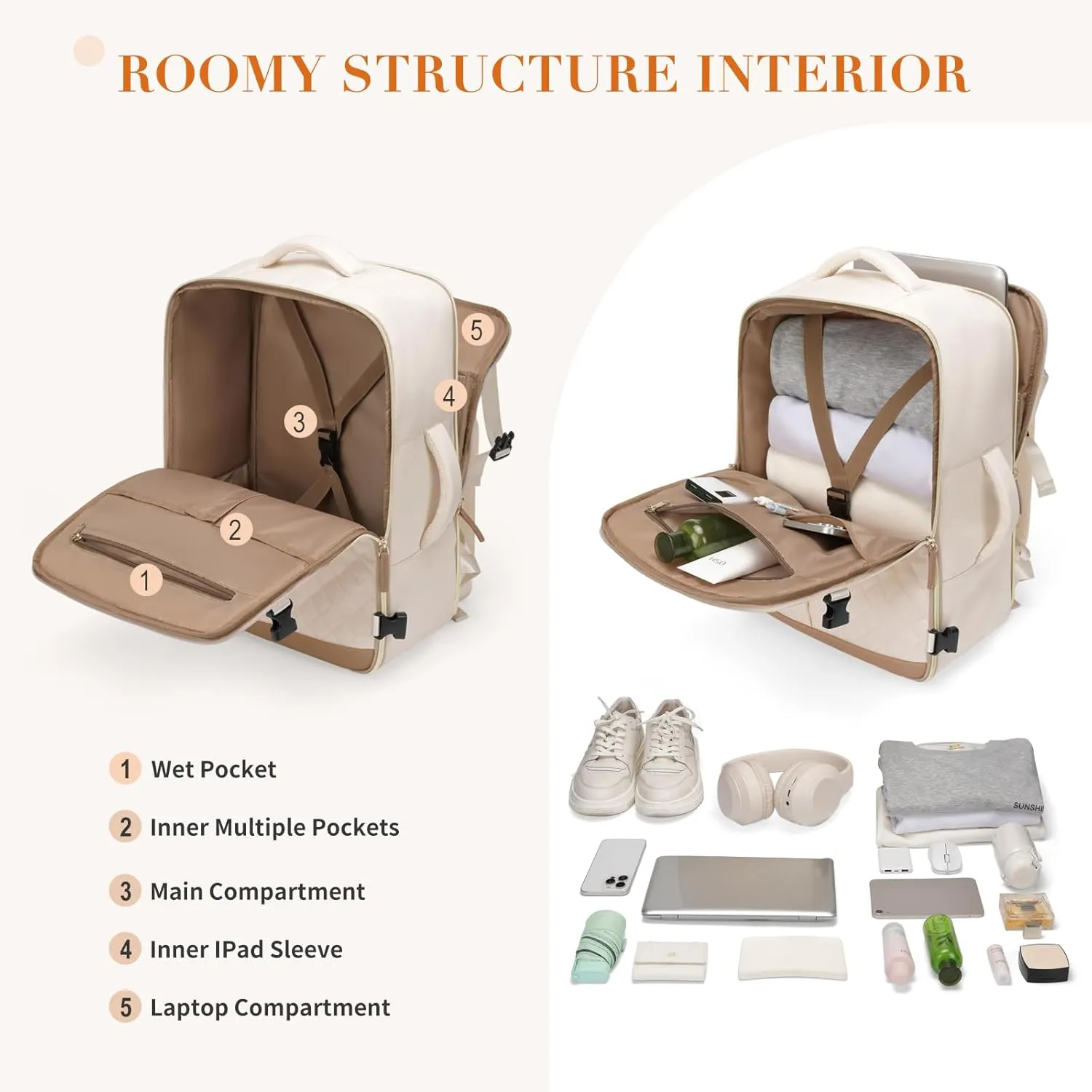 Travel Backpack for Women,Carry On Backpack 17Inch Laptop Backpack Women Casual Daypack for Weekender Business,40L,Apricot