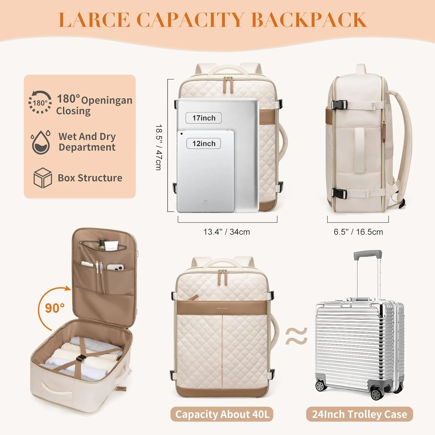 Travel Backpack for Women,Carry On Backpack 17Inch Laptop Backpack Women Casual Daypack for Weekender Business,40L,Apricot