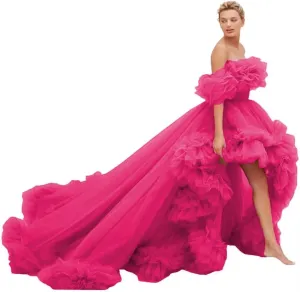Tulle High Low Prom Dresses for Women Off Shoulder Ball Gowns Ruffles Long Puffy Formal Evening Party Gown