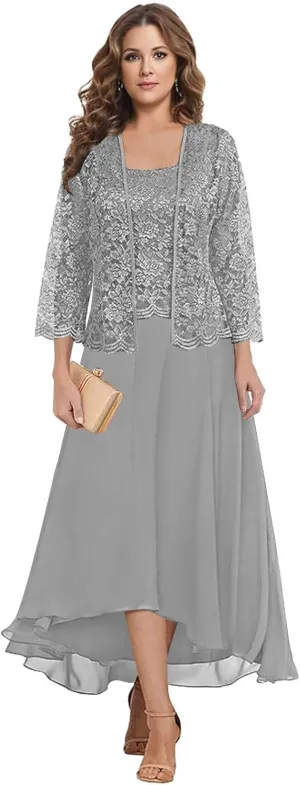 Two Piece Mother of The Bride Dresses with Jacket Lace Chiffon A Line Long Formal Wedding Guest Dress
