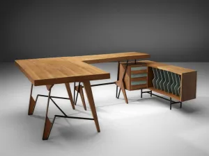 Unique Italian Free-Standing Corner Desk in Oak