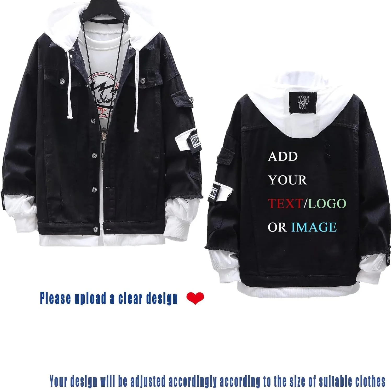 Unisex Personalized Hooded Denim Hoodie Tops Customized Gifts Add Your Own Design Outwear Custom Jeans Jackets Coat