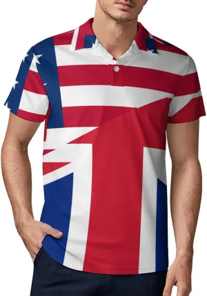 United States And UK Flag Classic Polo Shirts for Men Quick Dry Short Sleeve Fit Golf Tees Casual Tops