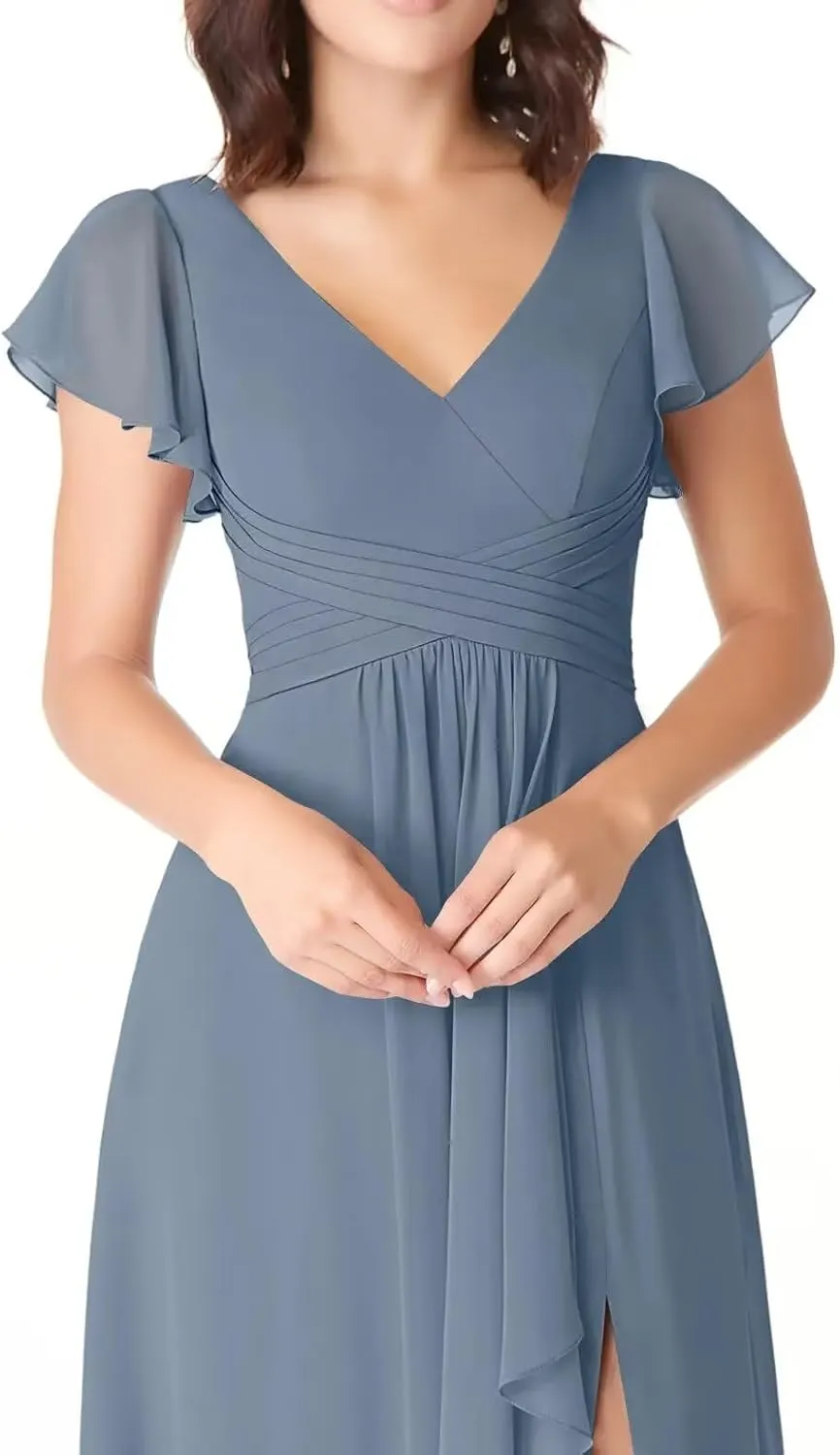 V Neck Flutter Sleeve Bridesmaid Dress Long for Wedding Ruffled Chiffon Formal Dress with Slit