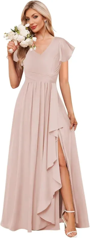 V Neck Flutter Sleeve Bridesmaid Dress Long for Wedding Ruffled Chiffon Formal Dress with Slit