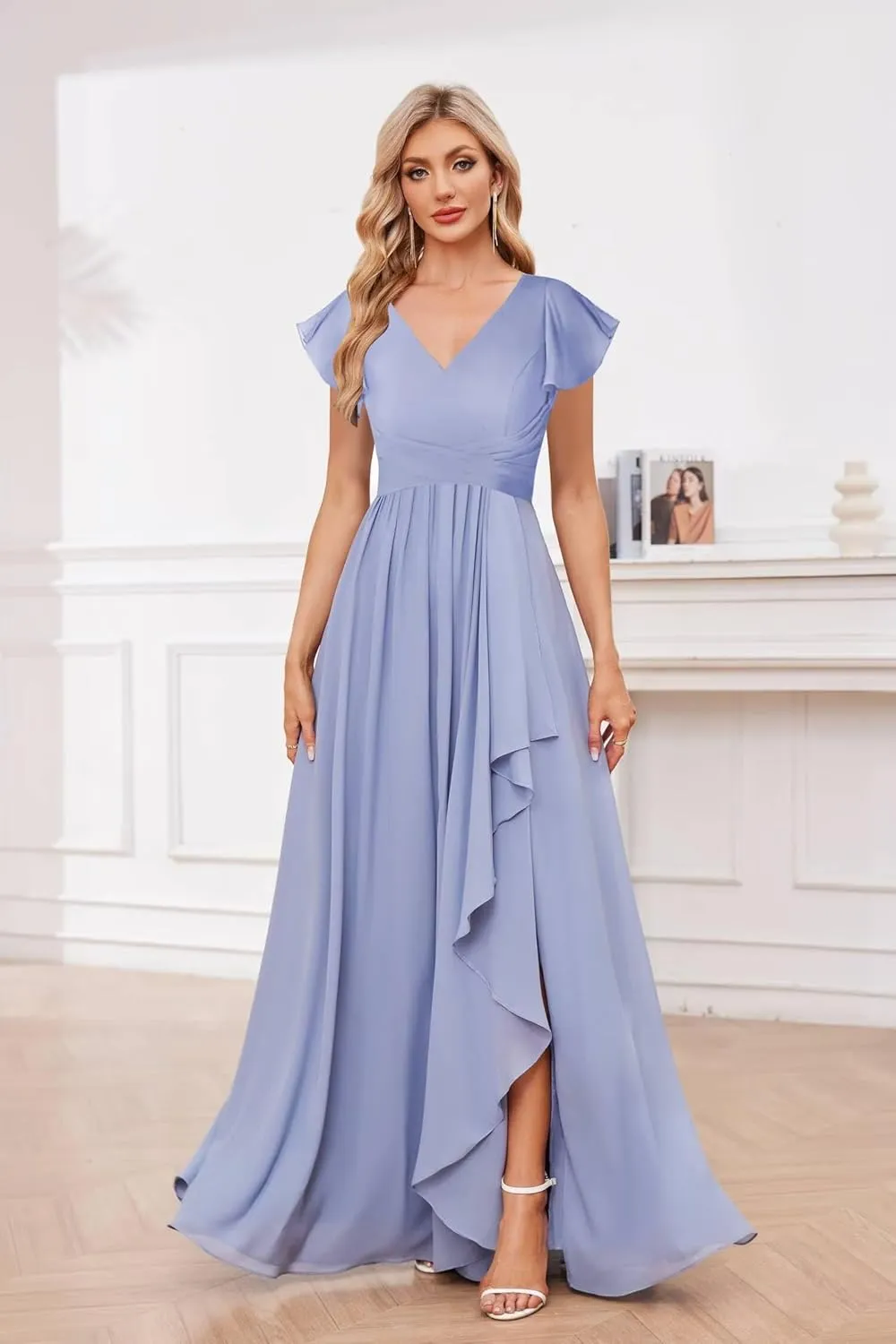V Neck Flutter Sleeve Bridesmaid Dress Long for Wedding Ruffled Chiffon Formal Dress with Slit