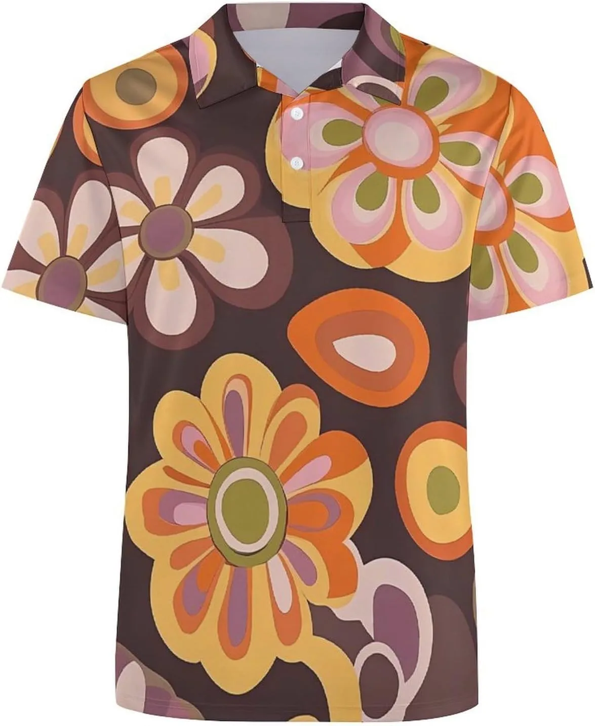Vintage Groovy Flowers Pattern Mens Polo Shirts Quick Dry Short Sleeve T-shirts Slim Tennis Collared Tees Tops