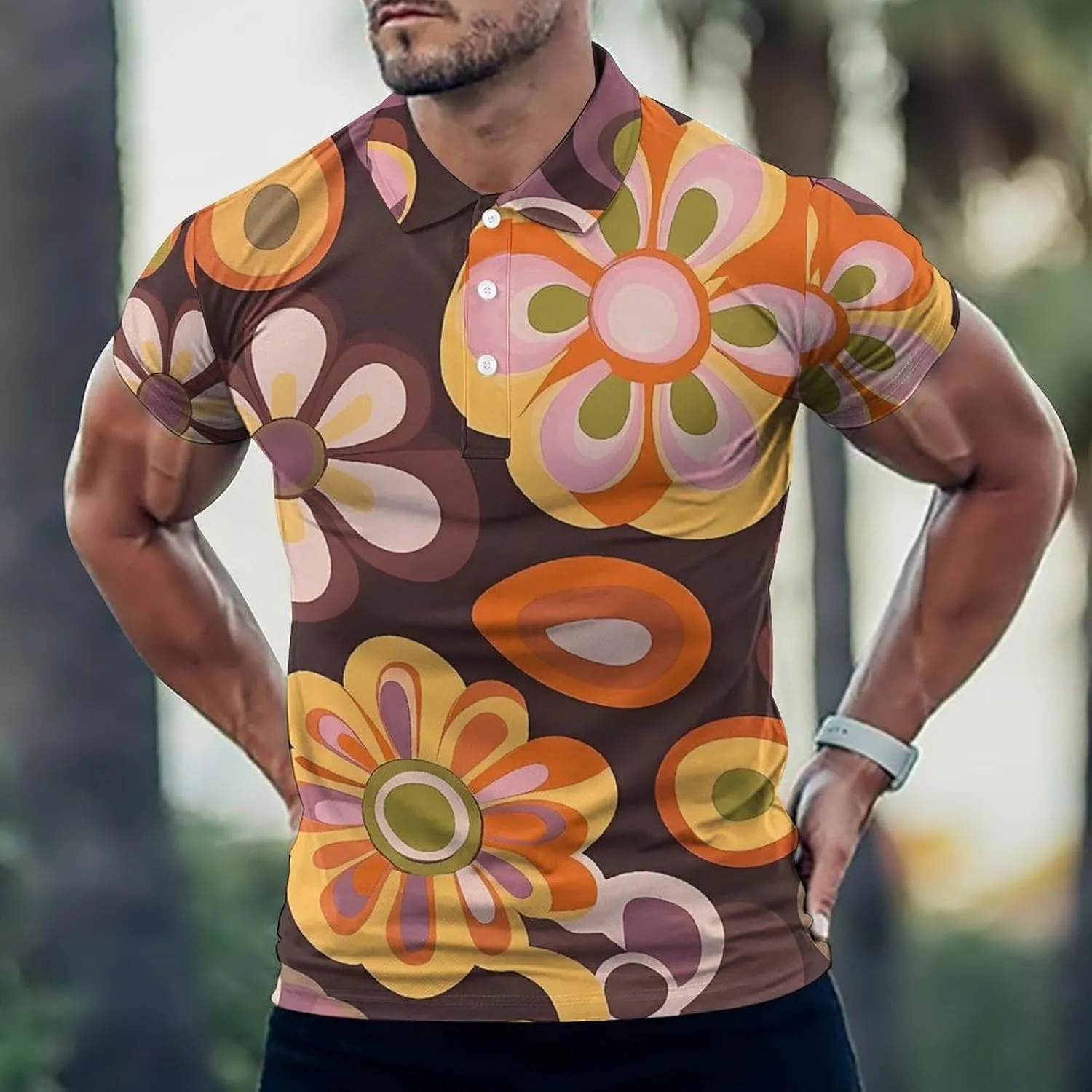 Vintage Groovy Flowers Pattern Mens Polo Shirts Quick Dry Short Sleeve T-shirts Slim Tennis Collared Tees Tops
