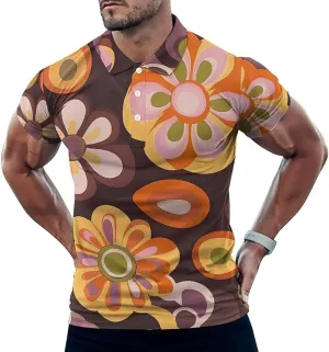 Vintage Groovy Flowers Pattern Mens Polo Shirts Quick Dry Short Sleeve T-shirts Slim Tennis Collared Tees Tops